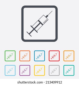 Syringe sign icon. Medicine symbol. Round squares buttons with frame. Vector