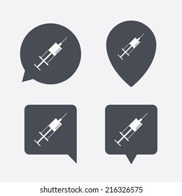 Syringe sign icon. Medicine symbol. Map pointers information buttons. Speech bubbles with icons. Vector