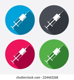 Syringe sign icon. Medicine symbol. Circle buttons with long shadow. 4 icons set. Vector