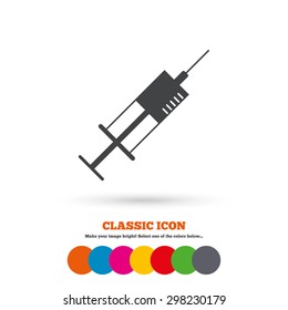 Syringe sign icon. Medicine symbol. Classic flat icon. Colored circles. Vector
