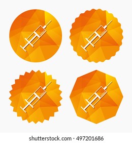 Syringe sign icon. Medicine symbol. Triangular low poly buttons with flat icon. Vector