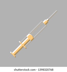 Syringe sign illustration. Emboss effect with light orange icon on gray background.