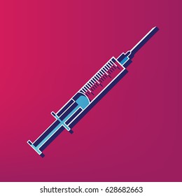 Syringe sign illustration. Vector. Blue 3d printed icon on magenta background.