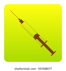 Syringe sign illustration. Vector. Brown icon at green-yellow gradient square with rounded corners on white background. Isolated.