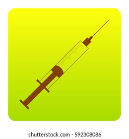 Syringe sign illustration. Vector. Brown icon at green-yellow gradient square with rounded corners on white background. Isolated.