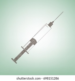 Syringe sign illustration. Vector. Brown flax icon on green background with light spot at the center.