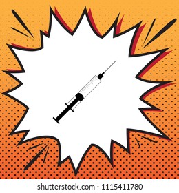 Syringe sign illustration. Vector. Comics style icon on pop-art background.
