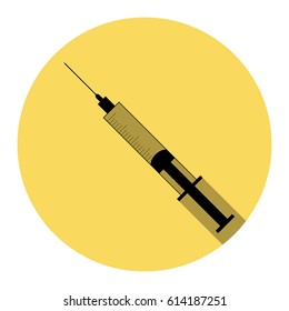 Syringe sign illustration. Vector. Flat black icon with flat shadow on royal yellow circle with white background. Isolated.