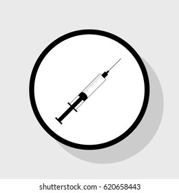 Syringe sign illustration. Vector. Flat black icon in white circle with shadow at gray background.