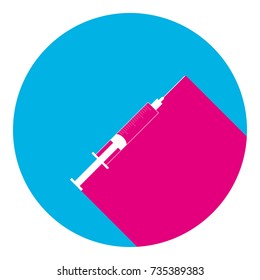 Syringe sign illustration. Vector. Flat white icon with mexican pink shadow inside sky blue(S and G) circle at white background. Isolated. Trend colors in 2017.