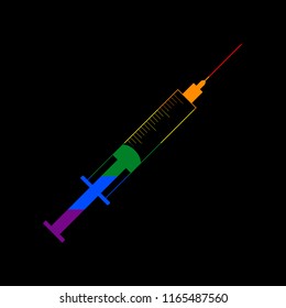 Syringe sign illustration. Vector. Icon with colors of LGBT flag at black background.