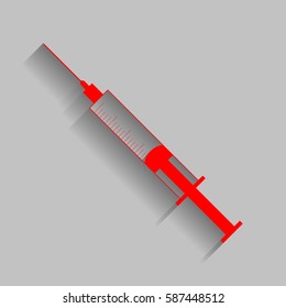 Syringe sign illustration. Vector. Red icon with soft shadow on gray background.