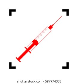 Syringe sign illustration. Vector. Red icon inside black focus corners on white background. Isolated.
