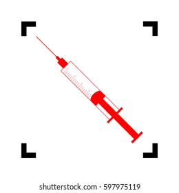 Syringe sign illustration. Vector. Red icon inside black focus corners on white background. Isolated.