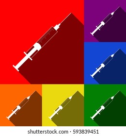 Syringe sign illustration. Vector. Set of icons with flat shadows at red, orange, yellow, green, blue and violet background.
