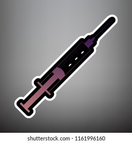 Syringe sign illustration. Vector. Violet gradient icon with black and white linear edges at gray background.