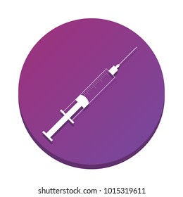 Syringe sign illustration. Vector. White icon with flat shadow on purpureus circle at white background. Isolated.