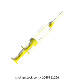 Syringe sign illustration. Vector. Yellow icon with square pattern duplicate at white background. Isolated.
