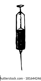 Silhouette de jeringas. Ilustración vectorial dibujada a mano. Doodle, bocetos. Dibujo de contorno negro aislado en blanco. Estilo primitivo, imagen única para el diseño, impresión, tarjeta, afiche, pegatina, banner, decoración.