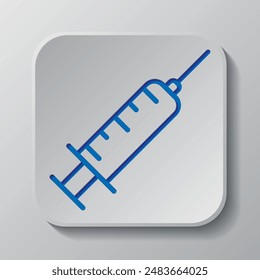 Syringe simple icon. Flat design. Paper cut design. Cutted blue symbol with shadow. Gray badge button, gray background.ai