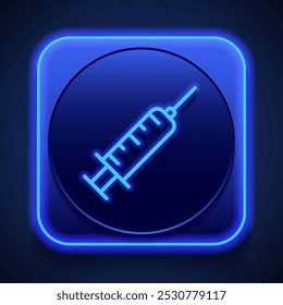 Ícone simples da seringa. Design plano. Estilo de néon azul no botão. Com shadow.ai