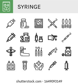 Spritze einfache Symbole Set. Enthält Symbole wie Medizin, Impfstoff, Pharmazie, Zahnarztwerkzeuge, Spritze, Impfung, Bandage, Datenspeicher, kann für Web-, Mobil- und Logo-Anwendungen verwendet werden