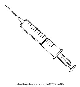 Syringe sketch doodle style vector illustration. Inoculate and cure diseases. Disease Prevention Black ink freehand emblem, linear, hand-drawn, on paper, retro doodle style