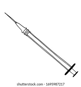 Syringe sketch doodle style vector illustration. Inoculate and cure diseases. Disease Prevention Black ink freehand emblem, linear, hand-drawn, on paper, retro doodle style