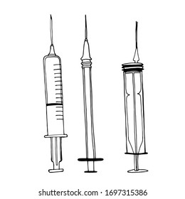 Syringe sketch doodle style vector illustration. Inoculate and cure diseases. Disease Prevention Black ink freehand emblem, linear, hand-drawn, on paper, retro doodle style