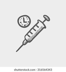 Ícone de esboço de seringa para web, celular e infográficos. Ícone de cinza escuro com vetor desenhado à mão isolado no plano de fundo cinza claro.