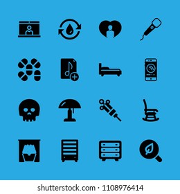 syringe, smartphone, bed, pills, search, microphone, rocking chair, bed and skull vector icon. Simple icons set
