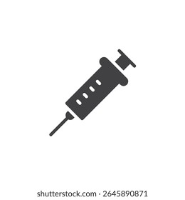 Syringe solid glyph icon. A medical injection icon with a pointed needle. Solid vector symbol ideal for vaccination, treatment, or healthcare sign uses.
