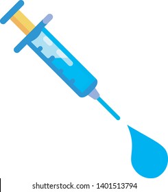 Syringe squeezing out a liquid drop from withing