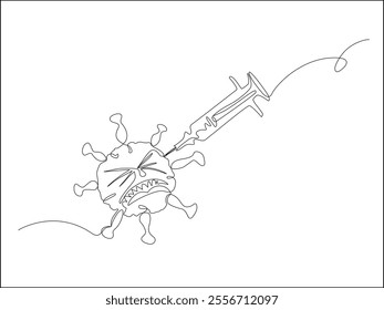 The syringe sticks into the virus cell isolated on white background