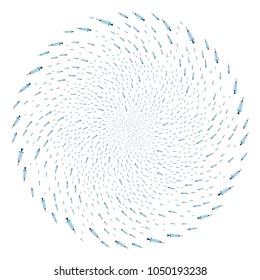 Syringe swirl spheric cluster. Element twist designed from scattered syringe items. Vector illustration style is flat iconic symbols.