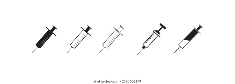 Syringe symbol Icon. Vector flat outline logo mark of medical injection used by doctor or clinic surgeon. Set collection of disposable vaccine aid needle with injector to cure illness of the patient