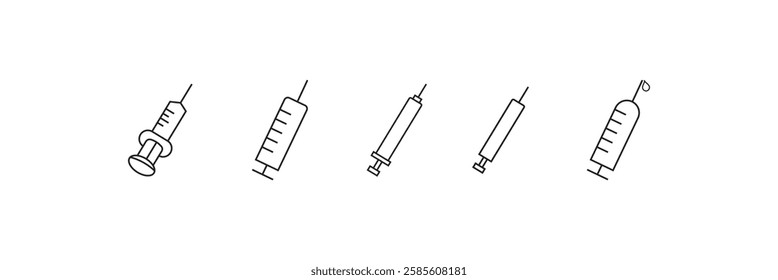 Syringe symbol Icon. Vector flat outline logo mark of medical injection used by doctor or clinic surgeon. Set collection of disposable vaccine aid needle with injector to cure illness of the patient