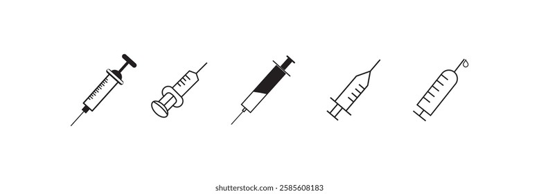 Syringe symbol Icon. Vector flat outline logo mark of medical injection used by doctor or clinic surgeon. Set collection of disposable vaccine aid needle with injector to cure illness of the patient