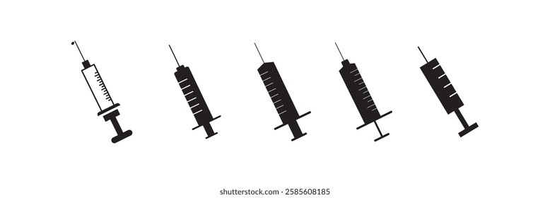 Syringe symbol Icon. Vector flat outline logo mark of medical injection used by doctor or clinic surgeon. Set collection of disposable vaccine aid needle with injector to cure illness of the patient