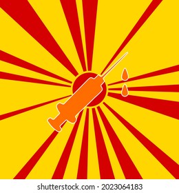 Syringe symbol on a background of red flash explosion radial lines. The large orange symbol is located in the center of the sun, symbolizing the sunrise. Vector illustration on yellow background
