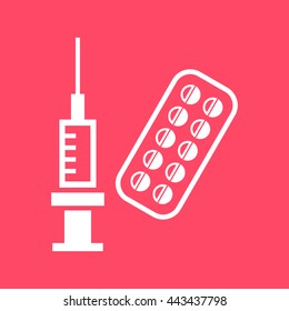 Syringe & Tablet white icon on magenta color background. Eps-10.