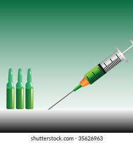 Syringe and three medical vials