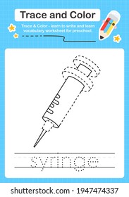 Syringe trace and color preschool worksheet trace for kids for practicing fine motor skills
