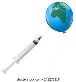 A syringe tries to stitch a planet earth balloon with africa in foreground. Isolated vector illustration on white background.