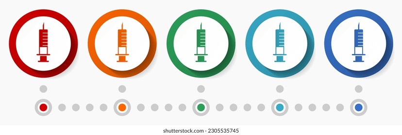 Spritze, Vektor-Vektorsymbol-Set, Infografik-Vorlage, farbige Web-Buttons mit flachem Design in 5 Farboptionen