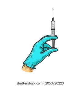 Syringe with vaccination medicine in the hand of medical professional sketch engraving vector illustration. T-shirt apparel print design. Scratch board imitation. Black and white hand drawn image.