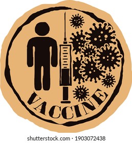 Syringe with vaccination sheds a person from coronavirus infection. Anti Coronavirus disease COVID-19 grunge rubber round stamp on craft background. Vaccine defeats coronavirus 2019-nCoV COVID