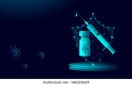 Syringe vaccine ampoule and shield on a dark background, coronavirus bacteria, neon gradient. Banner design with copy space. Vector stock illustration.