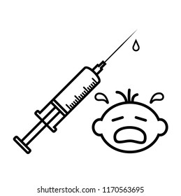 Syringe, vaccine and baby cry. Vector flat outline icon illustration isolated on white background.