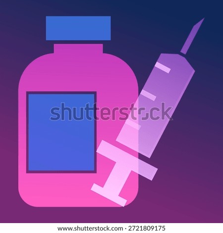 Syringe and vaccine in a bottle icon. Vector illustration of a medical tools. Concept of vaccination and medicine. Pharmacy bottle with liquid for injection. Syringe with needle. Icon in glassmorphism style.